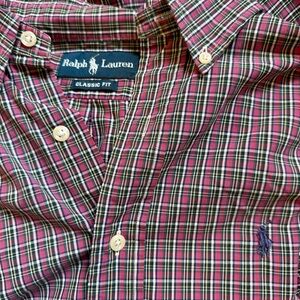 Y2K Ralph Lauren Classic Fit 100% Cotton Button Down Berry Pink Med blue pony